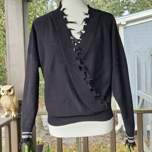 CBrand Black Distressed Wrap Sweater Grunge Knit Frayed Edge Long Sleeve Size M